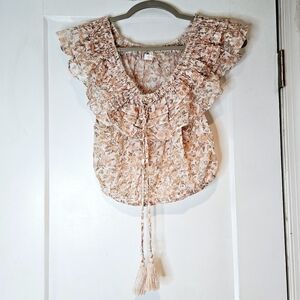 LoveShackFancy Floral Ruffle Cropped Blouse Tassel Detail Size Small